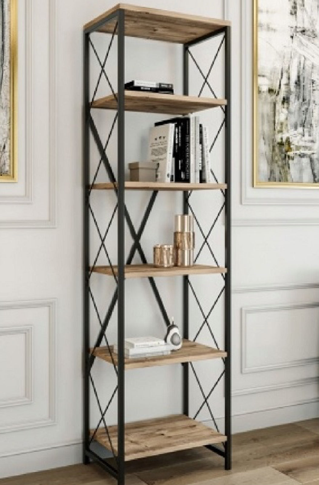 מעמד מתכת מדפי עץ